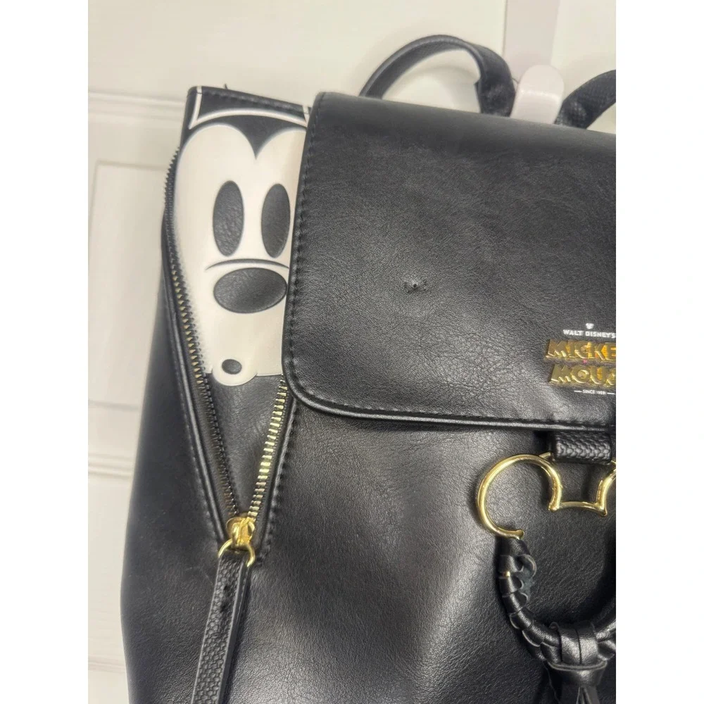 Disney Mickey Mouse Black Faux Leather Mini Backpack Gold Hardware Pin Holes
